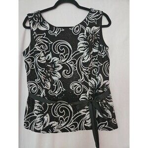 Jeanne Alexander Black and White Sequin Peplum Top Ribbon Tie Womens Med